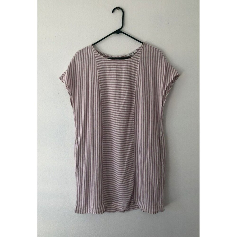 Madewell Stripe Play Button Back Tee Dress white pink pockets linen Midi size Lg